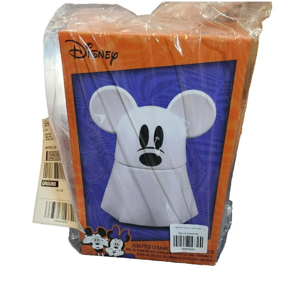 Disney Mickey Mouse Ghost Candy Bowl Ceramic with Lid Halloween Decor New